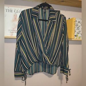 ✨ Striped Wrap Blouse - Green, Yellow, Black